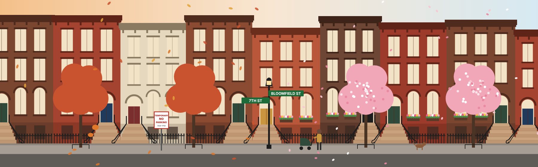 Illustration of a Hoboken block of brownstones: fall trees and pumpkins on one side, spring blossoms and window boxes on the other